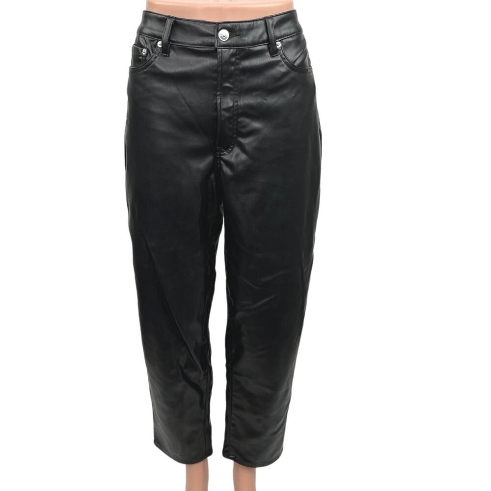 H&M Black High Rise Cropped Wide Leg Faux Leather Coated Moto Pants Size 4